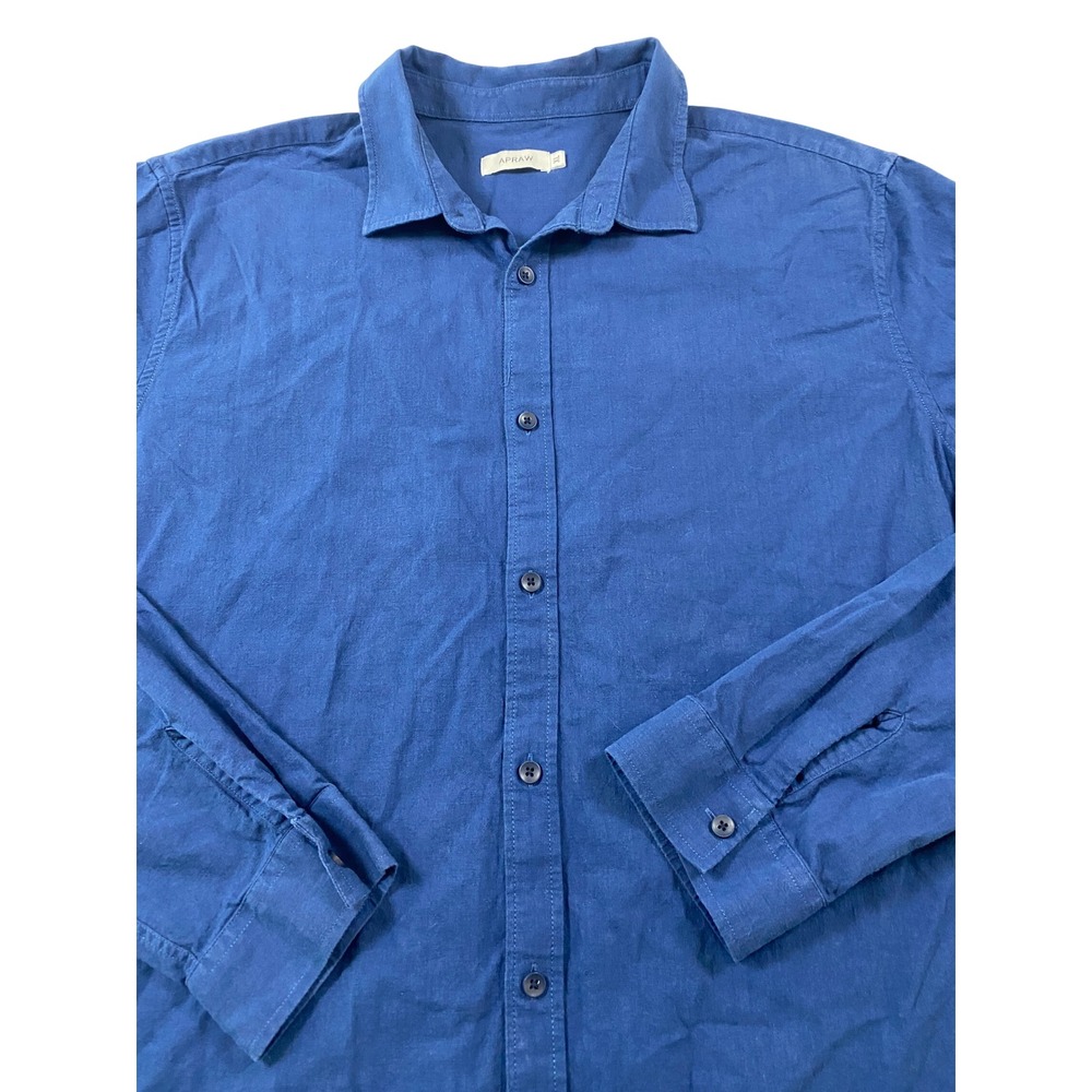 APRAW Mens XL Blue Long Sleeve Button Down Shirt Solid Collared Linen Cotton‎